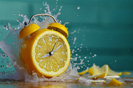 A mock-up of an alarm clock made of fresh orange on a blurred background. Creative fruit idea.の素材