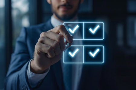 The businessman puts a check mark in the field in the list displayed on the virtual screen.の素材