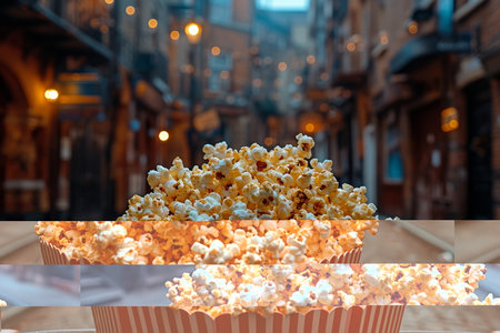 Popcorn stands in the cinema before the screening of the film. Food at the cinema.の素材