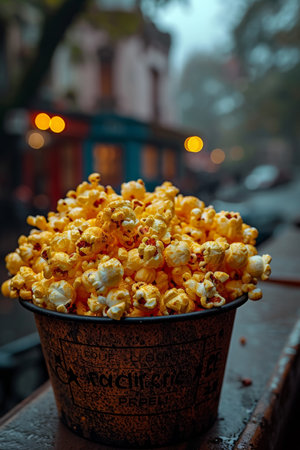 Popcorn stands in the cinema before the screening of the film. Food at the cinema.の素材