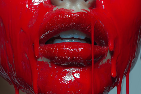 A woman's face with spreading glossy red paint.の素材