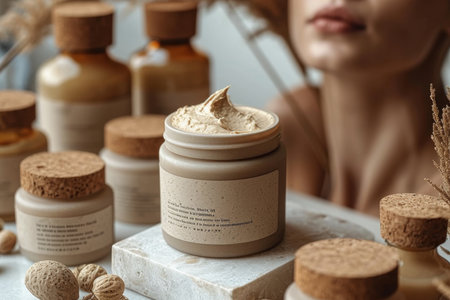 a jar of brown cosmetic cream on a wooden dressing table. Space for text.の素材