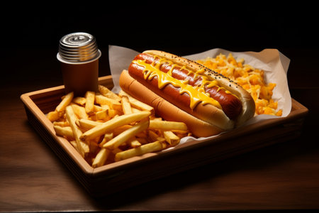 Cooked juicy hot dog and French fries are on the table on a dark background.の素材
