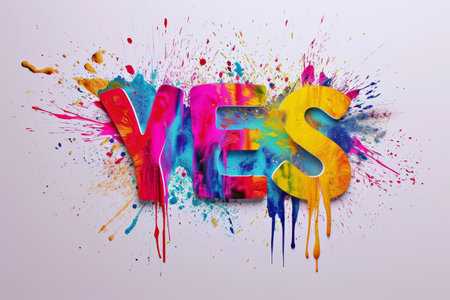 Graphic inscription YES in colored paints and splashes on a white background.の素材