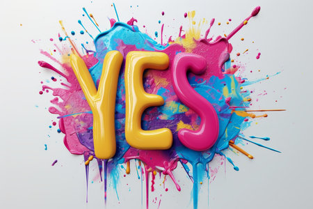 Graphic inscription YES in colored paints and splashes on a white background.の素材