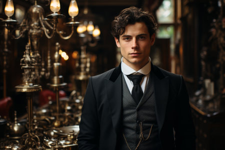 Portrait of a fashionable man in a tuxedo posing in an antique interior.の素材