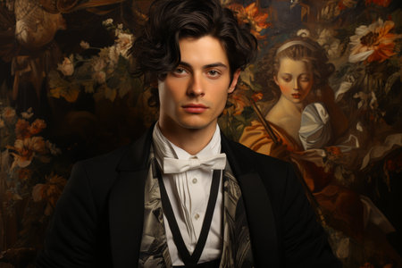 Portrait of a fashionable man in a tuxedo posing in an antique interior.の素材