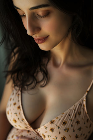 Close-up of a young pregnant woman touching her stomach. The concept of pregnancy.の素材