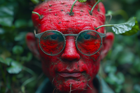 A surreal portrait of a man with a red radish head on a dark background. An unusual portrait.の素材