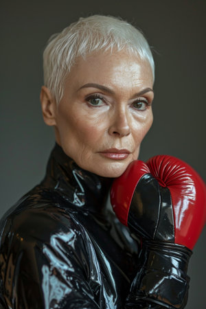 Portrait of a stylish elderly woman in boxing gloves and latex suit on a black background.の素材