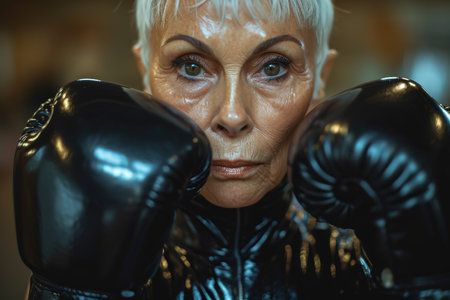 Portrait of a stylish elderly woman in boxing gloves and latex suit indoors.の素材