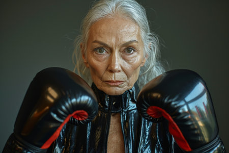 Portrait of a stylish elderly woman in boxing gloves and latex suit on a black background.の素材