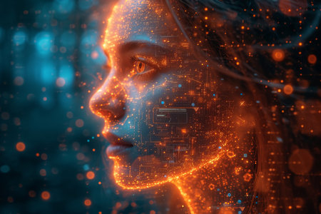 An abstract silhouette of a digital person. The concept of artificial intelligence.の素材