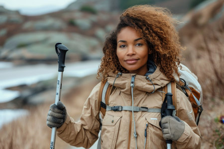 A single female traveler exploring the area in autumn.の素材