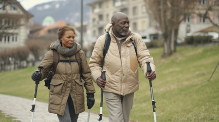 An elderly man and a woman tourists hiking with sticks in nature.の素材