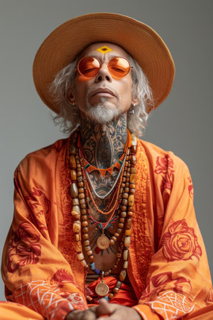 Portrait of a man with tattoos on his face in orange clothes and glasses on a light background.の素材