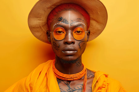 Portrait of an African man with tattoos on his face in orange clothes and glasses on a white background.の素材
