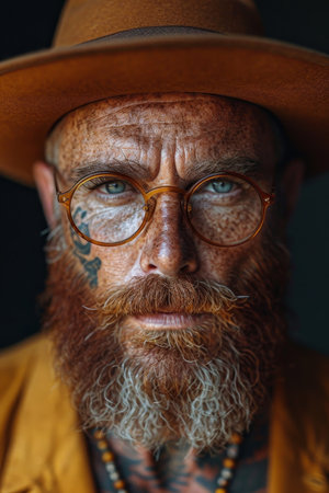 Portrait of a man with tattoos on his face in orange clothes and glasses on a dark background.の素材