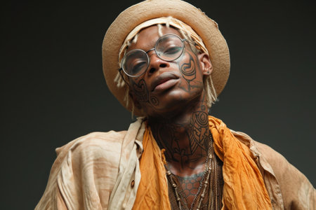 fashionable portrait of a young man with tattoos on a black background.の素材