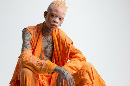 Portrait of an African man with tattoos on his face in orange clothes on a white background.の素材