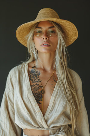 Portrait of a girl in light clothes and a hat with tattoos on a black background. Boho Style.の素材