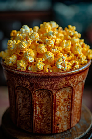 Popcorn stands in the cinema before the screening of the film. Food at the cinema.の素材