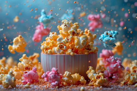 Close-up Of a flying colored Popcorn On a colored background Background.の素材