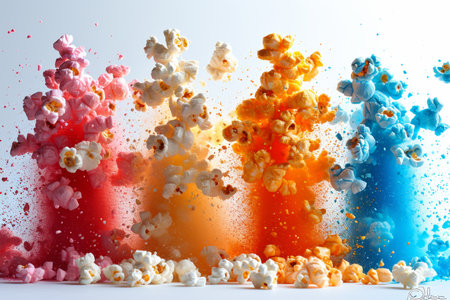 Close-up of a flying colored Popcorn On a white background.の素材