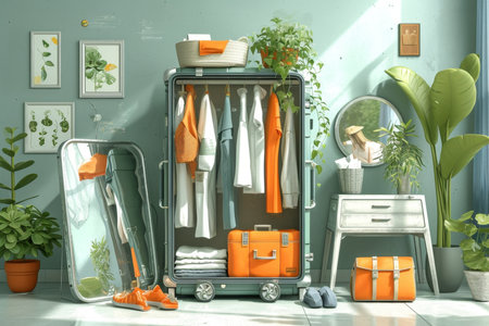 A home dressing room. A closet in the form of a suitcase full of clothes in a home interior. The illustration.の素材