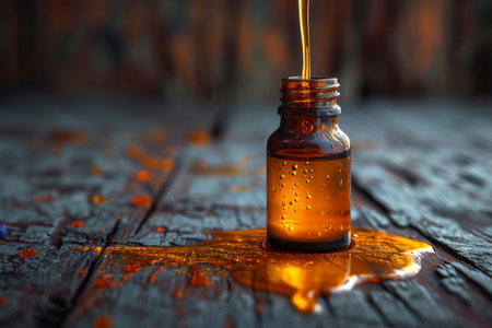 a bottle of essential oil is on the table . The concept of health.の素材