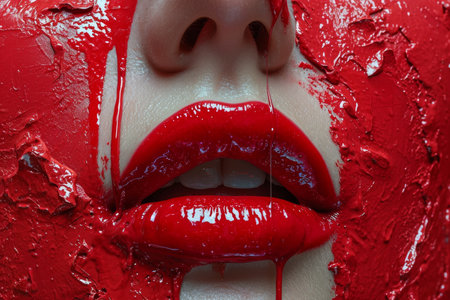A woman's face with spreading glossy red paint.の素材