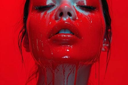 A woman's face with spreading glossy red paint.の素材