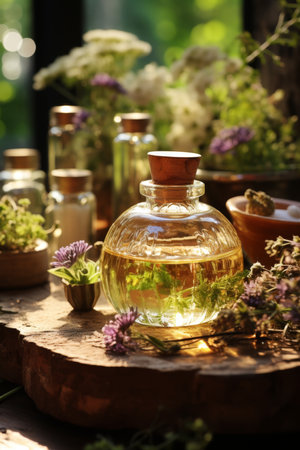 vials of essential oils and herbs on the table . The concept of health.の素材