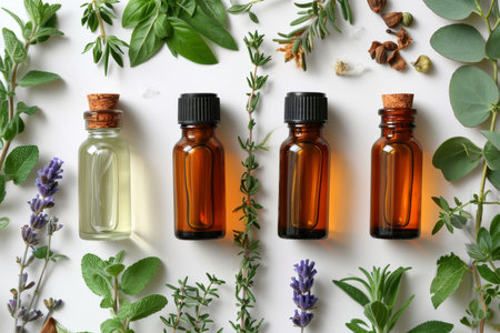 vials of essential oil and herbs on a white background. The concept of health.の素材