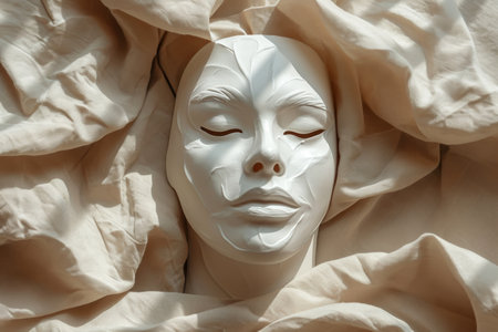 The face of a beautiful girl with cream on her face. Cosmetic Face Mask.の素材