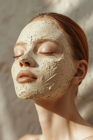 The face of a beautiful girl with cream on her face. Cosmetic Face Mask.の素材