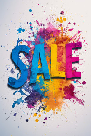 the typographic inscription SALE made in colored paints on a white background. There are splashes of paint all around . Illustration.の素材