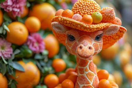 A giraffe doll made of orange on an orange background. 3d illustration.の素材