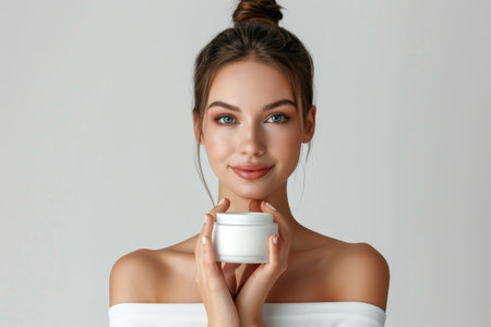 A young beautiful girl is holding a jar of cosmetics on a white background. Promotional photo of beauty cosmetics.の素材