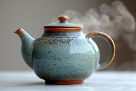 A beautiful teapot stands on the table in the interior. Making tea.の素材