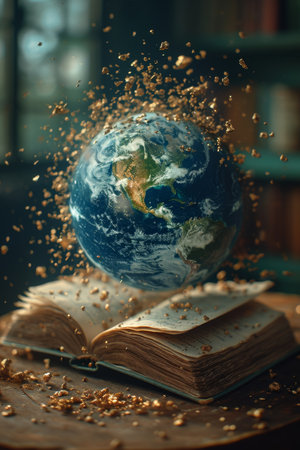 books and a globe on a table in a modern interior, the concept of education and travel, 3D illustration.の素材