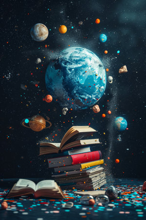 books and a globe on a table in a modern interior, the concept of education and travel, 3D illustration.の素材