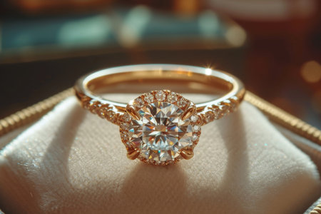 A gold diamond ring is in a jewelry box, the concept of luxury.の素材
