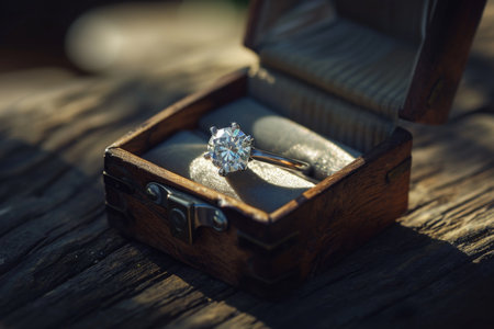 A gold diamond ring is in a jewelry box, the concept of luxury.の素材