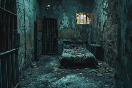 An old abandoned prison. A room with bars.の素材