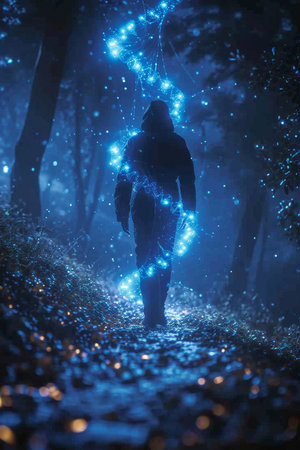 Strands of DNA enveloping a person. The Concept of Genetics. The illustration.の素材