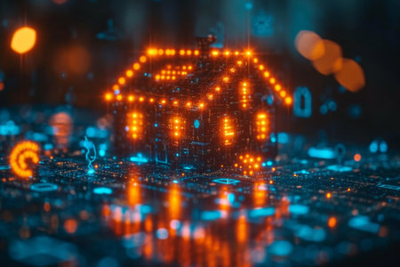 The house icon is virtual .The concept of an application for smart home management, smart home and home automation.の素材