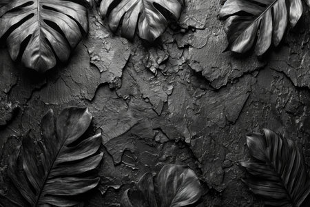 Black textured background with tropical foliage. The concept of dark nature,の素材