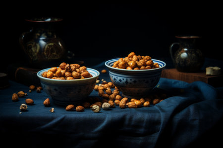 Hazelnuts poured into plates stand on a table on a black background.の素材