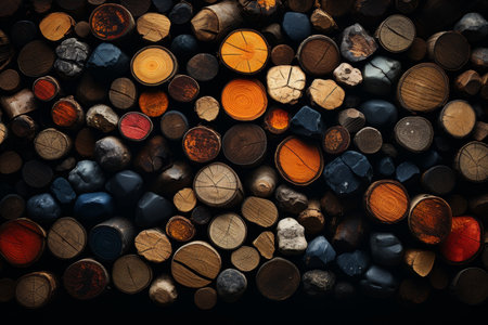 Chopped multicolored logs are stacked. A wall of firewood, a background of dry chopped firewood.の素材